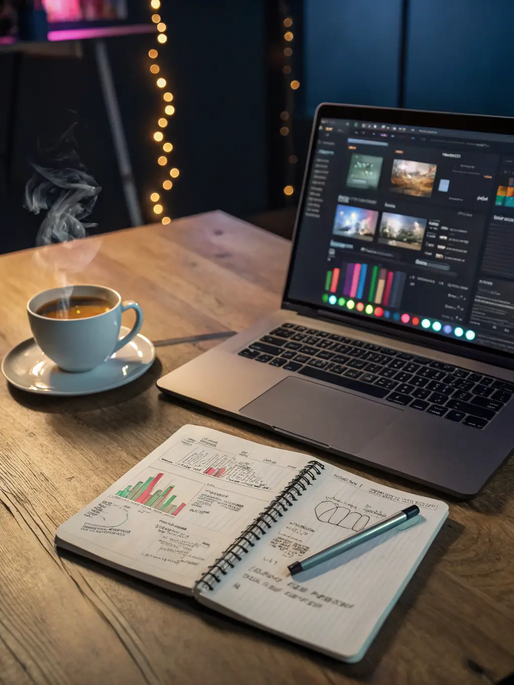 A vibrant AI prompt card displaying a creative workspace with a laptop, camera, and social media icons, featuring colorful digital elements and a modern aesthetic, representing the Content Creator Boost Pack.