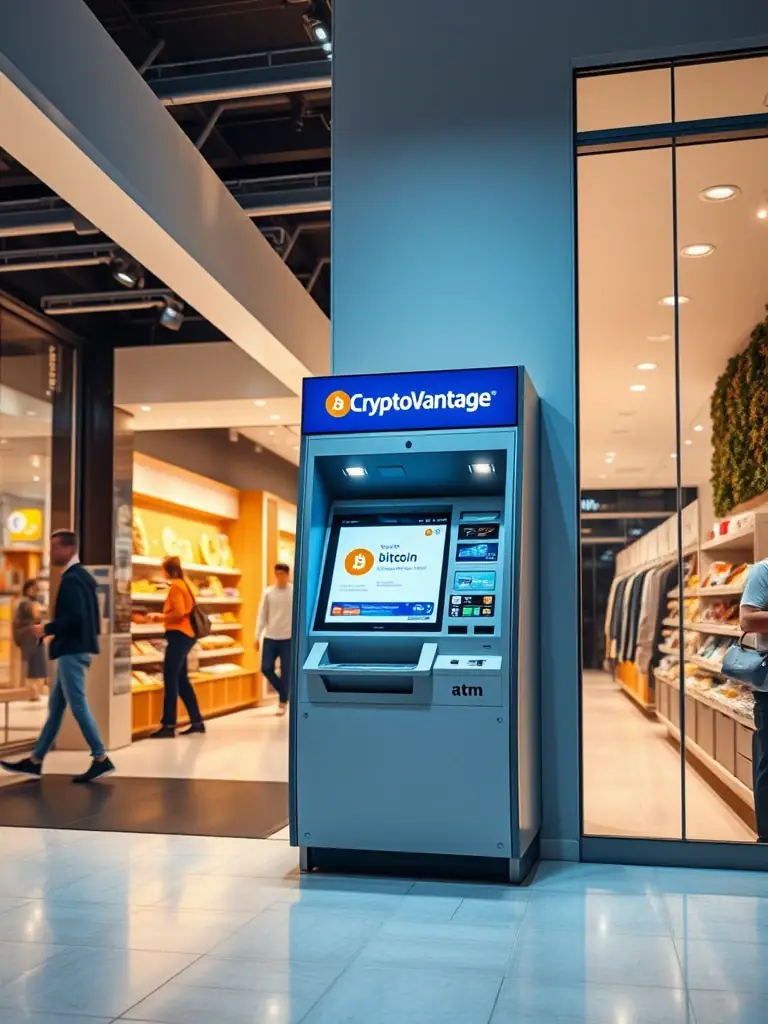 A modern Bitcoin ATM machine with a digital screen, keypad, and cash or card slot. The machine has a sleek, metallic finish with Bitcoin logos and a bright display showing cryptocurrency options.