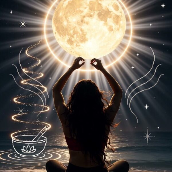 Full moon over Ocean Beach with a seated silhouette and singing bowl